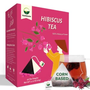 VietGlowie 40 Pyramid Hibiscus Tea Bags – Pure Herbal Tea Rich in Antioxidants for Vitality, Caffeine-Free, 1.5g Each, Brews 8oz