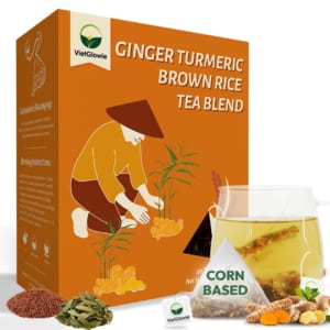 VietGlowie 40 Pyramid Ginger Turmeric Tea Bags – Roasted Brown Rice & Stevia Blend for Joint Comfort, Anti-Inflammatory Support, Caffeine-Free, 6g Each, Brew 8oz