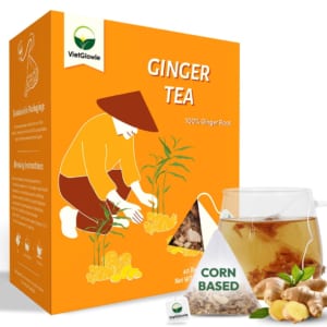 VietGlowie 40 Pyramid Pure Ginger Root Tea Bags – Spicy Herbal Infusion for Digestion & Nausea Relief, Single-Origin Caffeine-Free, 2g Each, Brew 8oz