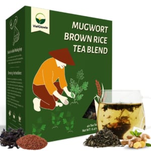 VietGlowie 40 Pyramid Mugwort Brown Rice Tea Bags – Roasted Blend with Ginger & Perilla for Circulation & Vitality, Caffeine-Free, 6g Each, Brew 8oz