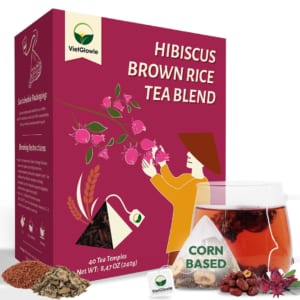 VietGlowie 40 Pyramid Hibiscus Brown Rice Tea Bags – Herbal Tea Blend with Jujube & Raspberry Leaf for Digestion & Daily Wellness, Caffeine-Free, 80g